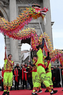 a group of people holding sticks in front of a dragon that says ' sss ' on it