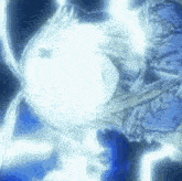 a close up of a person 's face with a blue background and a light coming out of it .