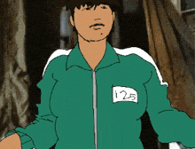 a cartoon drawing of a man wearing a green jacket with the number 125 on his chest