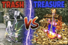 a picture of trash and treasure with two guitars