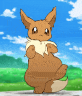 a cartoon eevee is standing on its hind legs with a blue sky in the background