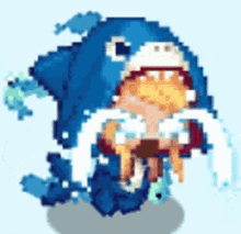 a pixel art drawing of a person wearing a shark hat and crying .