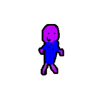 a pixel art drawing of a purple man in a blue hoodie walking .