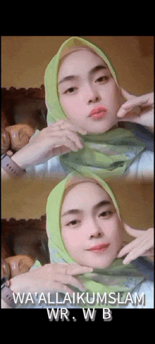 a woman wearing a green hijab says wa ' all akumslam wr.wb.