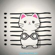 a drawing of a white cat with handcuffs and the words sillykitties.co below it
