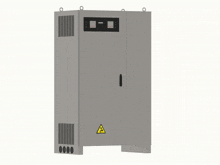 a gray cabinet with a yellow triangle on it