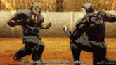 a man in a black karate uniform is kneeling down next to another man in a black suit in a karate match .