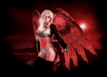 a picture of a woman with red wings and the words simone 's creations below her