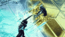 a man with a sword in his hand is fighting another man