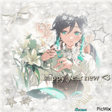 a picture of a girl with green hair and the words happy year new < 3