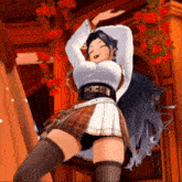 a girl in a plaid skirt is dancing in a room with red roses hanging from the ceiling