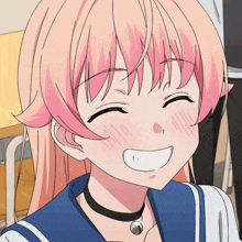 a girl with pink hair and a black choker smiles