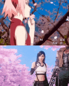 a cartoon of a girl with pink hair and a video game character