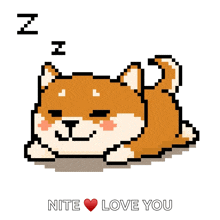 a pixel art of a dog sleeping with the words " nite love you " underneath it