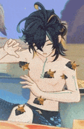 a shirtless anime character with fish on his chest and arms