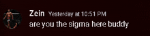 a message from zein yesterday at 10:51 pm says " are you the sigma here buddy "