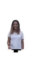 a woman in a white t-shirt is making a funny face