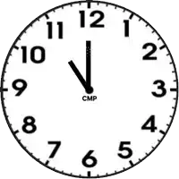 a black and white clock with the word cmp on the bottom of it
