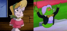 a cartoon of a woman and a cartoon of a green ghost .