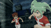 two anime characters are running in front of a building and one of them has a cross on his shirt