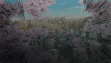 a drawing of a city with a few buildings and flowers in the foreground