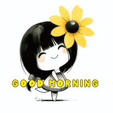 a cartoon girl with a yellow flower on her head and the words good morning below her