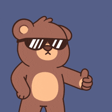 a cartoon teddy bear wearing sunglasses gives a thumbs up