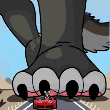 a cartoon drawing of a car being driven by a giant paw