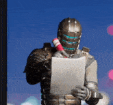 a video game character is holding a piece of paper and a pencil
