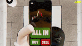 a person is holding a phone that says all in