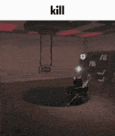a black cat is laying on its back in a dark room with the words kill below it