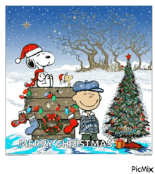 snoopy and charlie brown are standing next to a christmas tree and wishing merry christmas