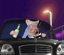 a pig is driving a car and holding a green bottle that says hong kong
