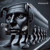 a black bus with a man 's face on the front is driving down a road