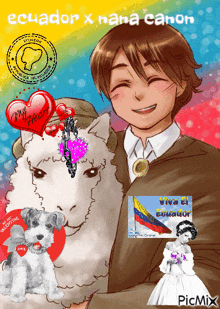 a cartoon of a boy holding a sheep with the words ecuador x nana canon on the bottom