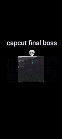 a skeleton is sitting on top of a cube in a room with the words `` capcut final boss '' written on it .