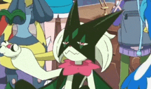 a cartoon character with a mask on his face is standing in a crowd .