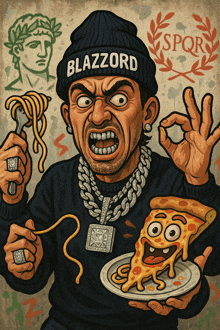 a cartoon drawing of a man wearing a beanie that says blazzord