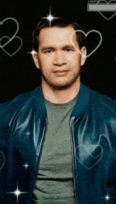a man in a blue jacket is surrounded by hearts and stars and a loading bar