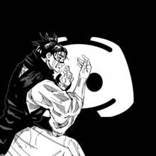 a black and white drawing of a man holding a microphone in front of a discord icon