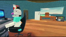a cartoon character is sitting in a chair in front of a computer and a sign that says ' supreme ' on it