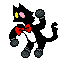 a pixel art of a black cat with a red bow tie .