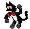 a pixel art of a black cat with a red bow tie .