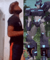 a man standing next to a robot with headphones