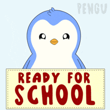 a penguin holding a book and a pencil with a ready for school sign below it