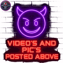 a neon sign with a devil face and the words videos and pic 's posted above