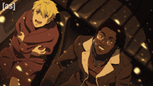 two anime characters are sitting next to each other and the letters as are on the bottom