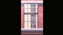 a girl is looking out of a window with a brick wall behind her