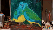 a painting of two birds with the words made in animatica on the bottom right