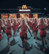 a group of women are running in front of a mcdonald 's restaurant